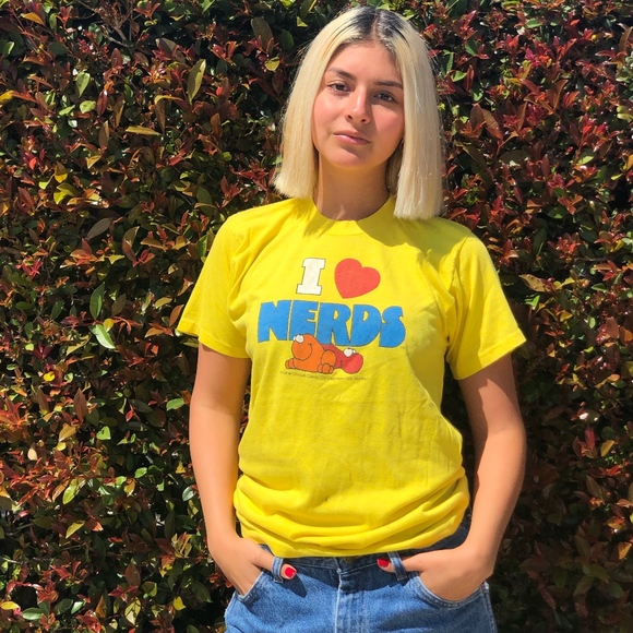 Screen Stars Tops - Vintage I Love Nerds Candy T Shirt Bright Yellow